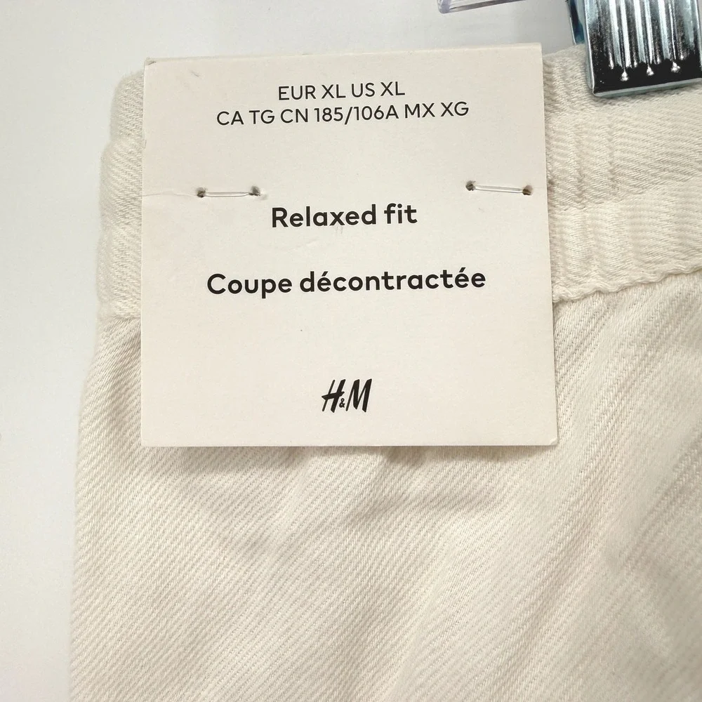 NEW H&M Linen Blend Trousers Mens XL Relaxed Pants Off-White Drawstring Coastal